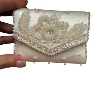 1950’s VINTAGE BON SOIR SILK Ivory Beaded Coin Purse Handmade in Japan Ivory EUC